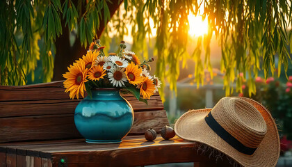 A_icon_of_In_an_enchanting_twilight_garden,_the_soft_glow_of_dusk_illuminates_a_symphony_of_organic_forms_A_weathered,_gnarled_wooden_bench,_its Generative AI