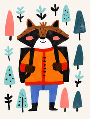 charming doodle illustration of smiling raccoon wearing backpack, surrounded by whimsical trees and nature themed elements, evokes sense of adventure and playfulness