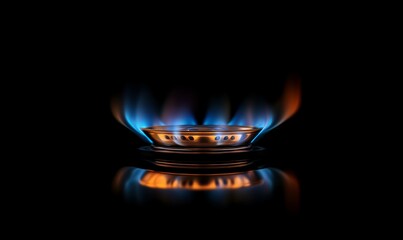 A focused image of a gas stove burner, with a flame displaying blue and orange colors.