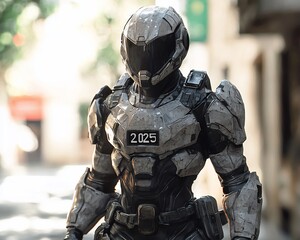 Futuristic soldier in weathered armor stands on city street.