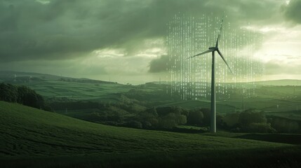 Wind turbine in a green landscape with digital data overlay, illustrating advanced renewable energy technology and smart grid integration