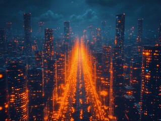 Obraz premium Glowing avenue in futuristic city at night with dark, cloudy sky