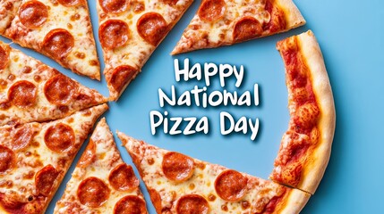 A quirky shot of pizza slices arranged into a circular pattern with playful text in the center reading Happy National Pizza Day in bold font 