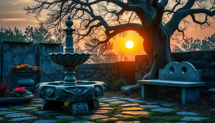 A_icon_of_In_an_enchanting_twilight_garden,_the_sun's_last_rays_gently_kiss_a_tableau_of_weathered_concrete_objects_A_grand,_irregularly Generative AI