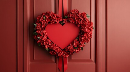 A vibrant red heart shaped wreath hanging on a door surrounded by red ribbons and flowers celebrating National Wear Red Day 