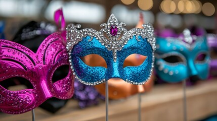 A display of carnival scepters with glittering handles and decorative jewels arranged on a table with vibrant masks and bead necklaces 