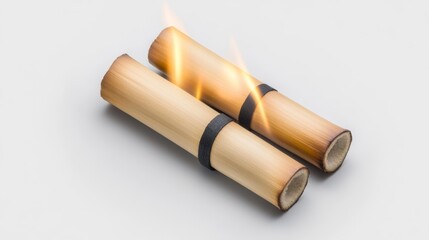 Burning Bamboo Scrolls Isolated on White Background. Generative AI