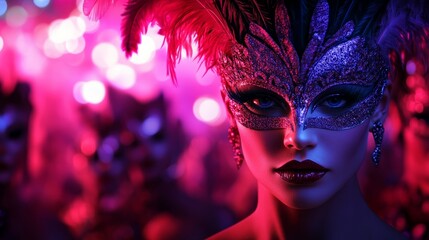 A glowing nighttime Mardi Gras parade with illuminated floats fire dancers and a crowd wearing glittering masks and feathered headdresses 