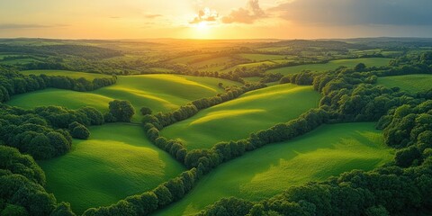 A peaceful landscape with a warm sunset glow on the rolling hills and a calm atmosphere