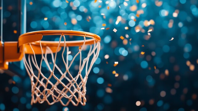 A basketball hoop adorned with a WNBA logo and confetti raining down celebrating a successful debut game moment 