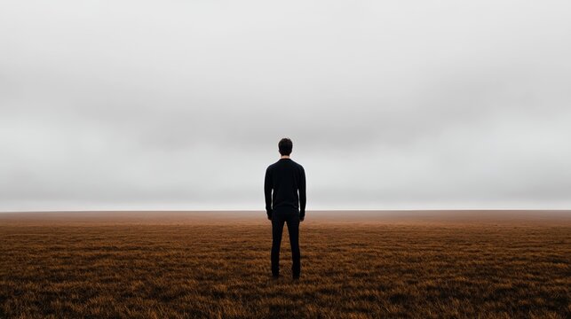A person standing in a vast empty field arms hanging loosely under a sky of muted grays embodying the isolation and aimlessness of ennui 