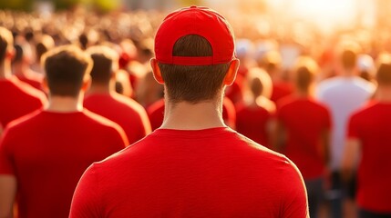 A crowd gathered for a National Wear Red Day walkathon all dressed in red shirts and holding motivational signs under a bright morning sun 