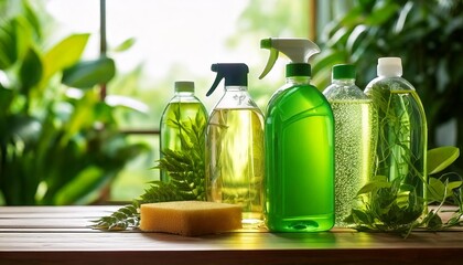 A collection of green cleaning products displayed on a wooden surface, surrounded by plants, showcasing eco-friendly options for home care.