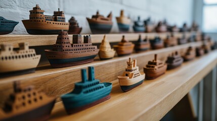 Infinite rows of detailed miniature model ships planes and castles stretching into a vanishing point over a wooden craft table 