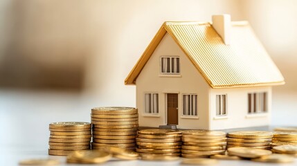 Mini House with Stack of Gold Coins, Home Investment Concept, Financial Growth Image