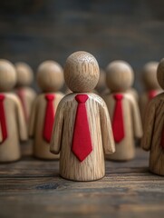 A group of wooden figures with one standout wearing a red tie, symbolizing leadership and individuality in business.