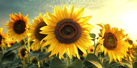 Fototapeta premium Vibrant field of sunflowers with intricate details and stunning HD quality, showcasing a perfect composition in a raw, natural style, offering breathtaking beauty and clarity.