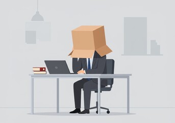 Businessman with box on head: concept of workplace anxiety and creativity