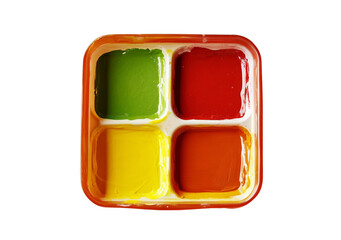 Color palette with paint in a plastic tray, isolated on a white background
