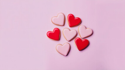 Icing cookies: A minimalist and serene photo of red and pink heart-shaped icing cookies on a pure white background