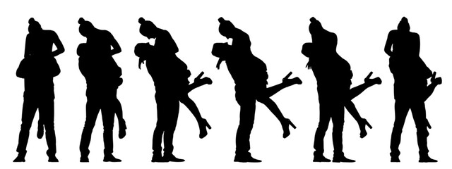 Vector concept conceptual black silhouette of a couple embracing from different perspectives isolated on white background. A metaphor for love, happiness, relationship, marriage and lifestyle