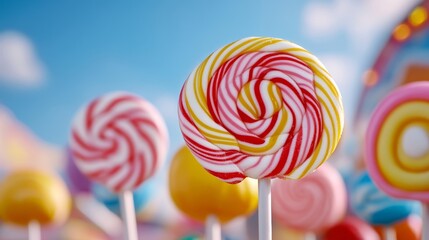A candy stand bursting with vibrant colors featuring cotton candy caramel apples and lollipops set against the lively backdrop of a carnival fair 