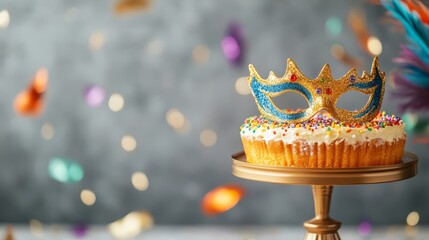 A vibrant king cake on a golden cake stand surrounded by colorful masks feathers and sparkling confetti evoking the spirit of Mardi Gras 