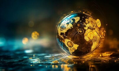 Abstract globe with swirling gold and currency symbols, representing wealth