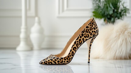 A pair of sleek leopard print high heels on a marble floor surrounded by scattered faux fur scarves in neutral tones 