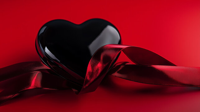 Shiny black heart on rich red velvet creating a moody and romantic atmosphere perfect for special occasions