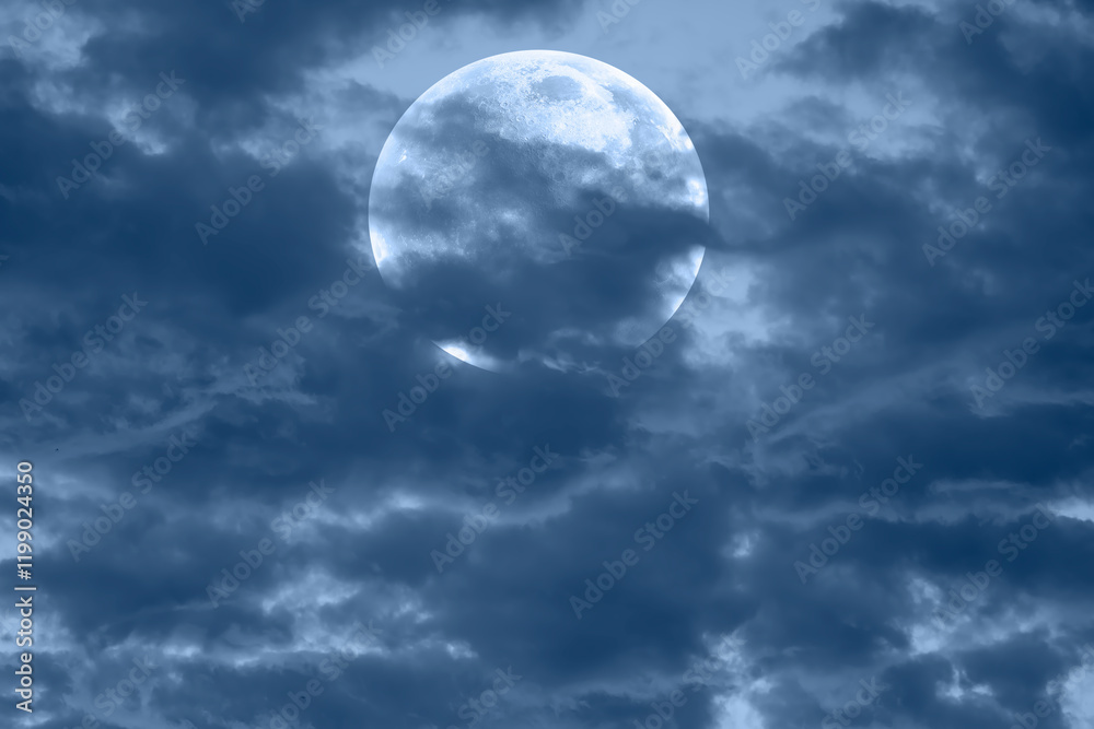 Fototapete Night sky with full moon in the clouds 