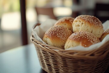 A basket filled with soft bread rolls sits atop a table, ready for serving or sharing