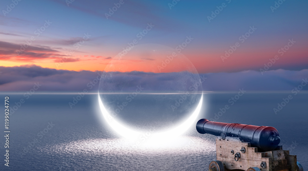 Poster dusk sky with crescent moon on the sea in the clouds with cannon