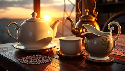 A_icon_of_In_an_enchanting_twilight_scene,_a_pristine,_spherical_porcelain_teapot_rests_atop_a_weathered,_mahogany_table,_its_glossy_white Generative AI