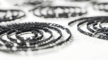 Close-up of iron filings forming intricate circular patterns around a bar magnet, demonstrating magnetic field lines on a white surface, clean composition, shallow depth of field, natural light.