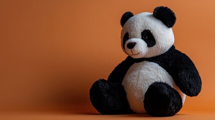 Soft plush panda toy sits upright with a gentle tilt against a warm orange backdrop in a cozy setting, inviting cuddles and comfort for all ages