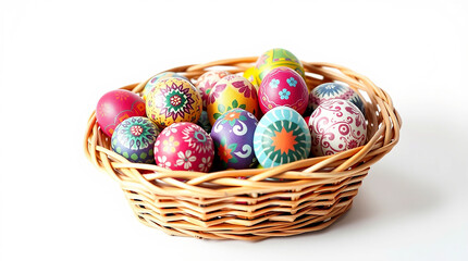 A professional, fine art photograph depicting a wicker basket filled with colorful, hand-painted Easter eggs.