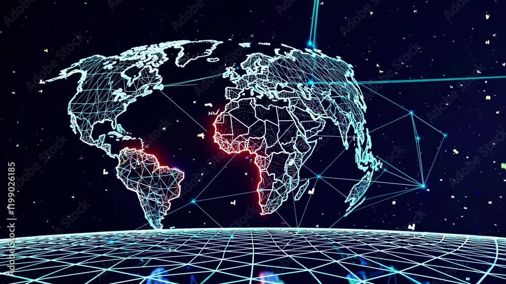 Poster exploring the visual representation of a digital world map with vibrant network connectivity and spa