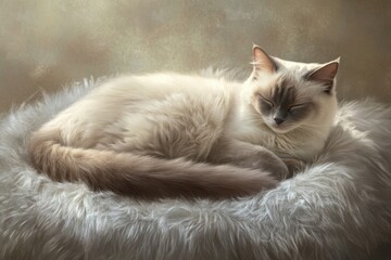 Elegant photorealistic image of a Birman cat on faux fur rug soft lighting textured details muted colors tranquil setting