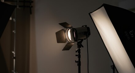 Professional studio lighting equipment in dark room