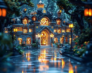 Obraz premium Glowing Magical Library at the Heart of a Vibrant Community