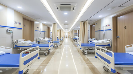 Obraz premium A desolate hospital hallway with empty patient beds and dim lighting, symbolizing financial struggle, closure, and the bleakness of a closed-down healthcare facility.