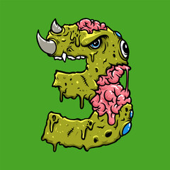 Three 3 Number Zombie Vector Illustration