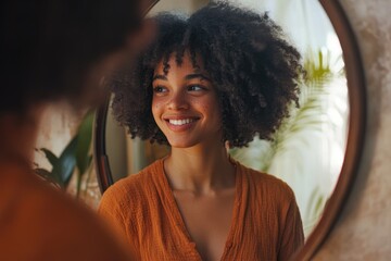 Woman with natural curls smiling at her mirror reflection
