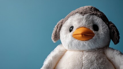 Obraz premium Plush penguin toy against a soft icy blue background provides a comforting and whimsical touch to any child's room or play area