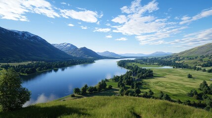 Scenic landscape featuring a river, mountains, and lush greenery.