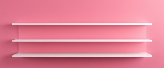 Minimalist white shelves on pink wall background