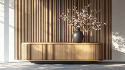3D render of a modern wall with vertical wood panel with TV cabinet and vast