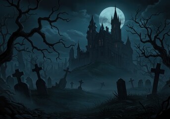 Spooky castle on misty hill with full moon and ghostly graveyard