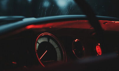 Illuminated Car Dashboard Speedometer in Red Light, Showcasing Classic Design and Precise Measurement for Nighttime Driving Enthusiasts